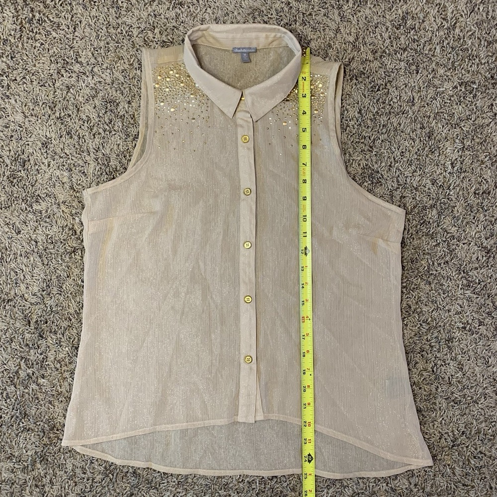 Charlotte Russe Blouse Womens M Beige Gold Button Up Collared Top Business - Picture 7 of 10